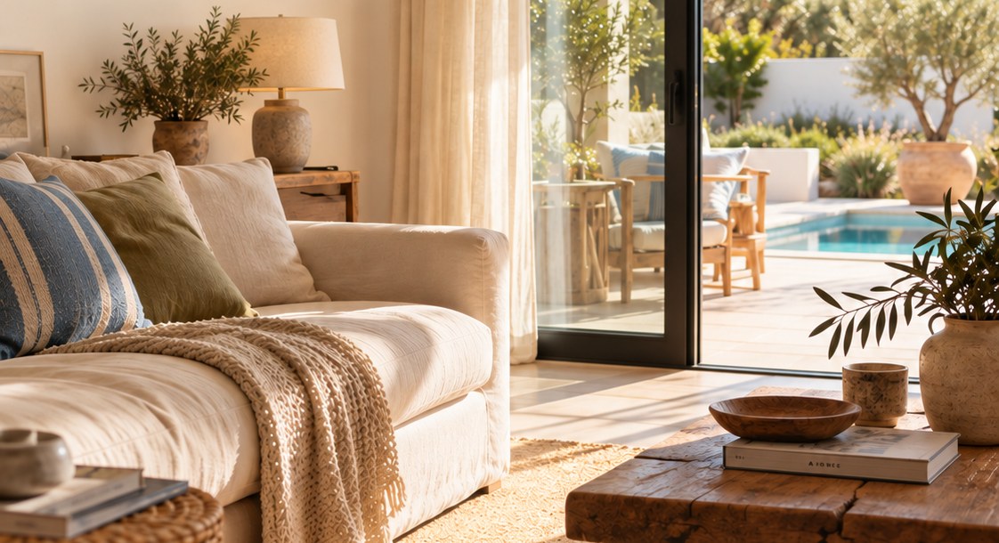 Sala luminosa com acesso a um terraço e piscina, imagem ilustrativa